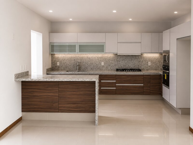 Cocina con barra de granito y gabinetes blancos y de madera instalada por Lia Cucina